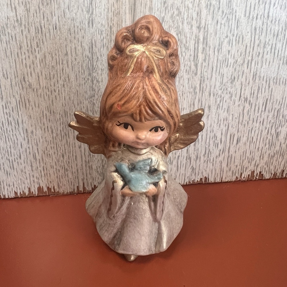Vintage HAND PAINTED GIRL CHILD ANGEL HOLDING A DOVE BIRD Porcelain FIGURINE